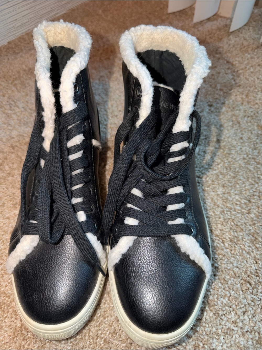 Nine West Black Lace-Up Faux Leather Sneakers with White Sherpa Trim